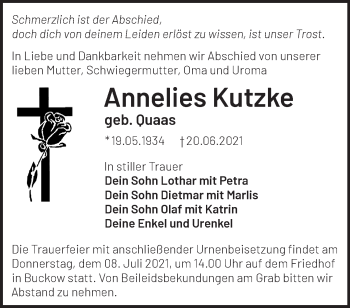 Traueranzeige von Annelies Kutzke von Märkische Oderzeitung