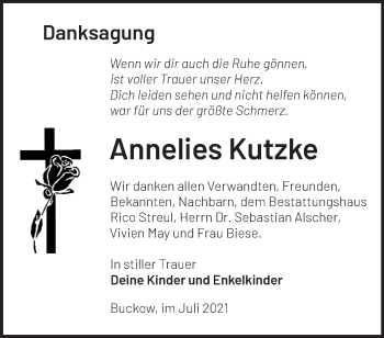 Traueranzeige von Annelies Kutzke von Märkische Oderzeitung