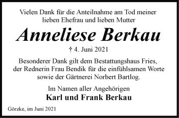 Traueranzeige von Anneliese Berkau von Märkische Oderzeitung