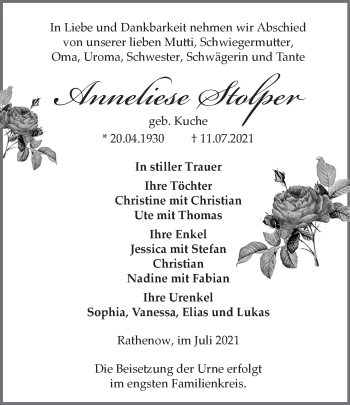 Traueranzeige von Anneliese Stolper von Märkische Oderzeitung