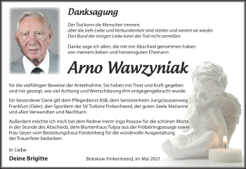 Traueranzeige von Arno Wawzyniak von Märkische Oderzeitung