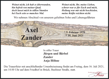 Traueranzeige von Axel Zander von Märkische Oderzeitung