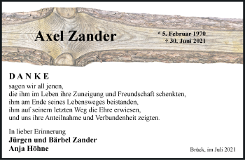 Traueranzeige von Axel Zander von Märkische Oderzeitung