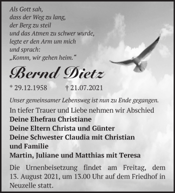 Traueranzeige von Bernd Dietz von Märkische Oderzeitung