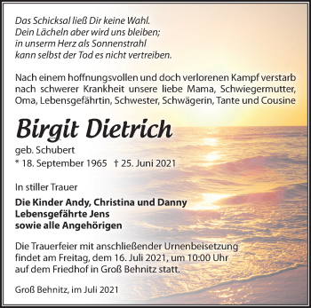 Traueranzeige von Birgit Dietrich von Märkische Oderzeitung