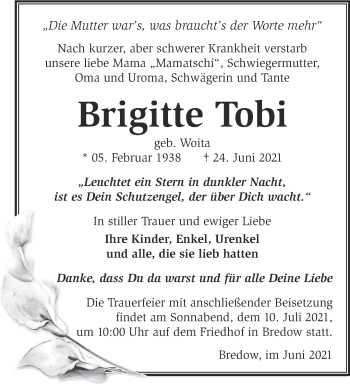 Traueranzeige von Brigitte Tobi von Märkische Oderzeitung