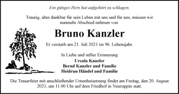 Traueranzeige von Bruno Kanzler von Märkische Oderzeitung