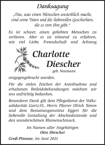 Traueranzeige von Charlotte Diescher von Märkische Oderzeitung