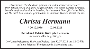 Traueranzeige von Christa Hermann von Märkische Oderzeitung