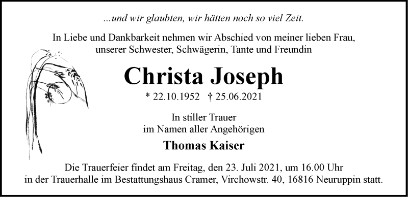 Traueranzeigen Von Christa Joseph Märkische Onlinezeitung Trauerportal 