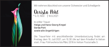 Traueranzeige von Christa Pohl von Märkische Oderzeitung