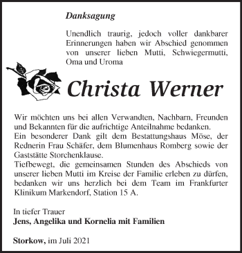 Traueranzeige von Christa Werner von Märkische Oderzeitung