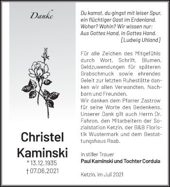 Traueranzeige von Christel Kaminski von Märkische Oderzeitung