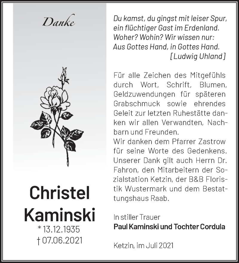  Traueranzeige für Christel Kaminski vom 11.07.2021 aus Märkische Oderzeitung