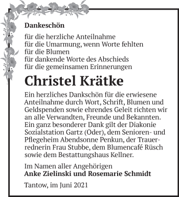 Traueranzeige von Christel Krätke von Märkische Oderzeitung