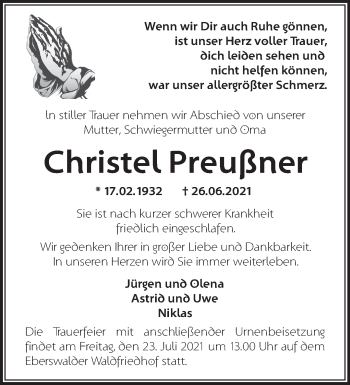 Traueranzeige von Christel Preußner von Märkische Oderzeitung