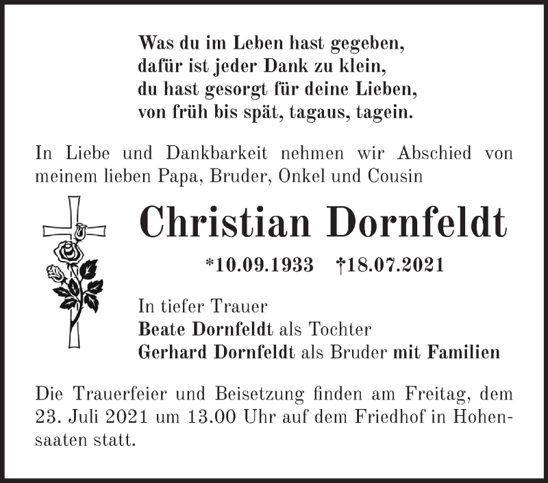  Traueranzeige für Christian Dornfeldt vom 21.07.2021 aus Märkische Oderzeitung
