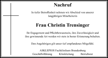 Traueranzeige von Christin Trensinger von Märkische Oderzeitung