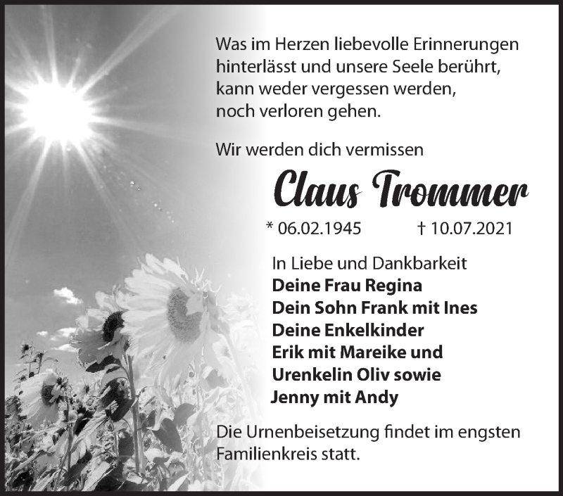  Traueranzeige für Claus Trommer vom 18.07.2021 aus Märkische Oderzeitung