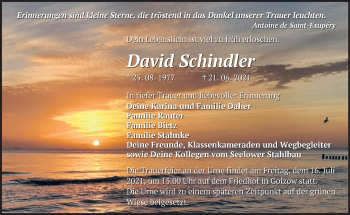 Traueranzeige von David Schindler von Märkische Oderzeitung