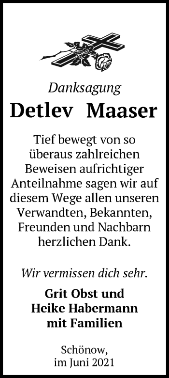 Traueranzeige von Detlev Maaser von Märkische Oderzeitung