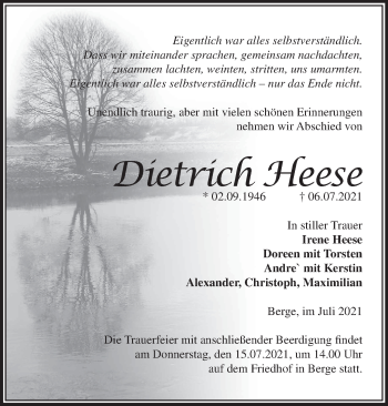 Traueranzeige von Dietrich Heese von Märkische Oderzeitung