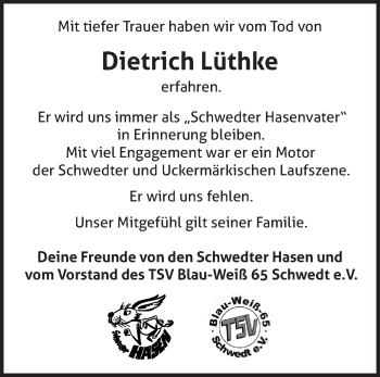 Traueranzeige von Dietrich Lüthke von Märkische Oderzeitung