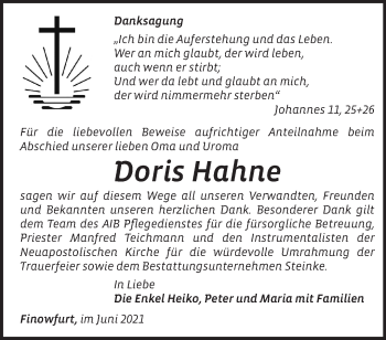 Traueranzeige von Doris Hahne von Märkische Oderzeitung