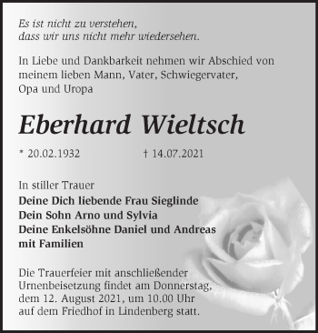 Traueranzeige von Eberhard Wieltsch von Märkische Oderzeitung