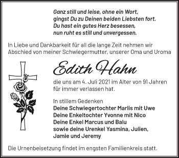 Traueranzeige von Edith Hahn von Märkische Oderzeitung