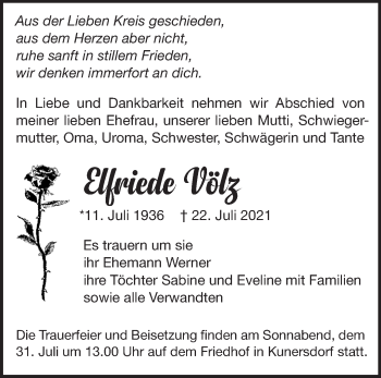 Traueranzeige von Elfriede Völz von Märkische Oderzeitung