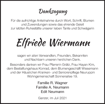 Traueranzeige von Elfriede Wiermann von Märkische Oderzeitung