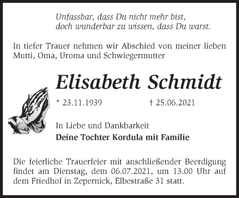 Traueranzeige von Elisabeth Schmidt von Märkische Oderzeitung