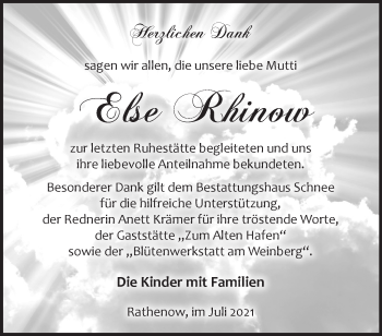 Traueranzeige von Else Rhinow von Märkische Oderzeitung