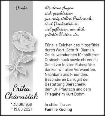 Traueranzeige von Erika Chanusiak von Märkische Oderzeitung