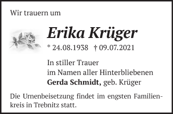 Traueranzeige von Erika Krüger von Märkische Oderzeitung