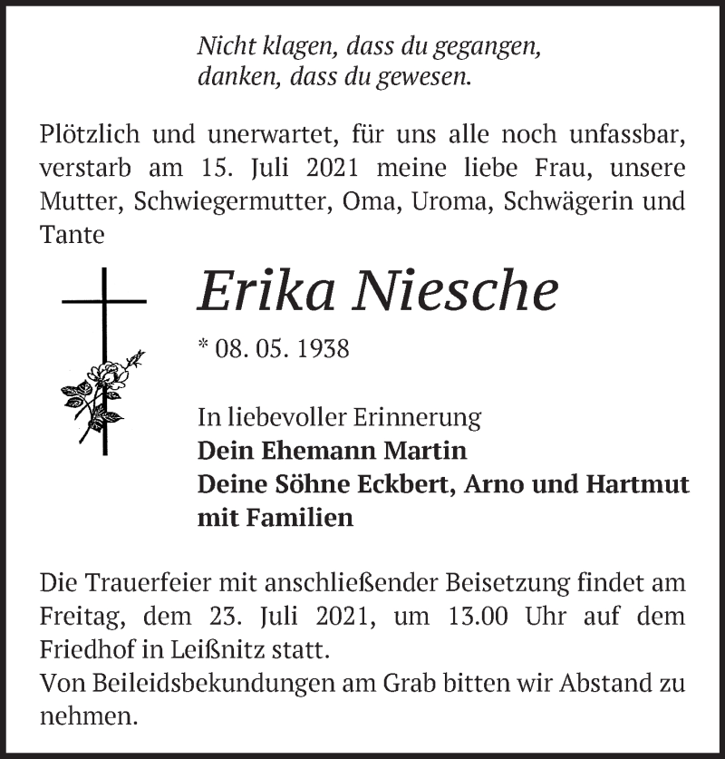  Traueranzeige für Erika Niesche vom 21.07.2021 aus Märkische Oderzeitung