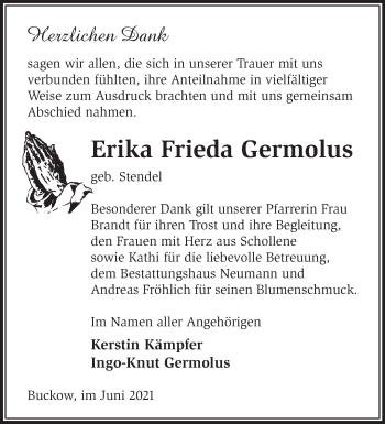 Traueranzeige von Erika Frieda Germolus von Märkische Oderzeitung