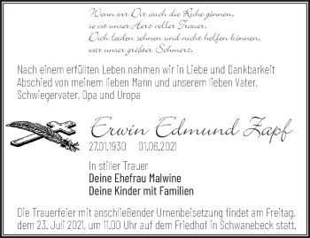 Traueranzeige von Erwin Edmund Zapf von Märkische Oderzeitung