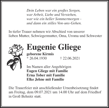 Traueranzeige von Eugenie Gliege von Märkische Oderzeitung