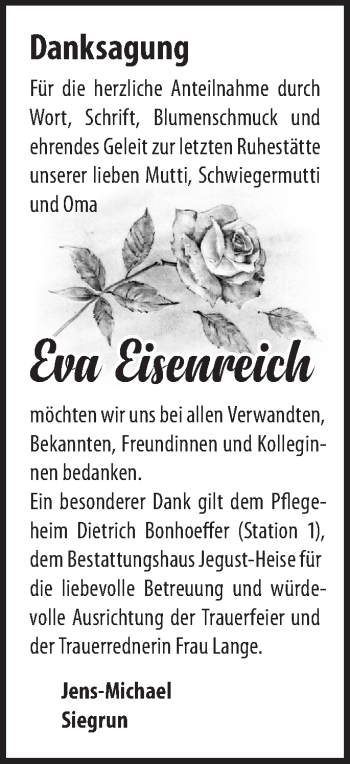 Traueranzeige von Eva Eisenreich von Märkische Oderzeitung