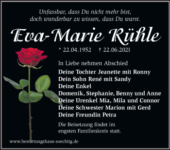 Traueranzeige von Eva-Marie Rühle von Märkische Oderzeitung