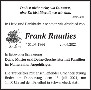 Traueranzeige von Frank Raudies von Märkische Oderzeitung