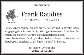 Traueranzeige von Frank Raudies von Märkische Oderzeitung