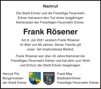 Traueranzeige von Frank Rösener von Märkische Oderzeitung