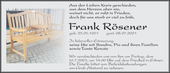 Traueranzeige von Frank Rösener von Märkische Oderzeitung