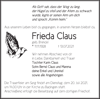 Traueranzeige von Frieda Claus von Märkische Oderzeitung