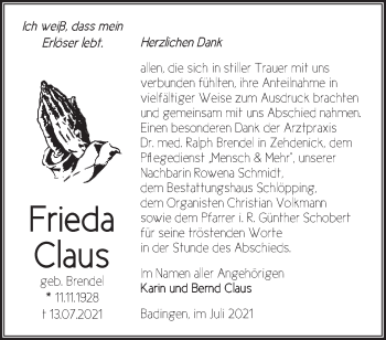 Traueranzeige von Frieda Claus von Märkische Oderzeitung