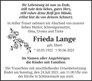 Traueranzeige von Frieda Lange von Märkische Oderzeitung