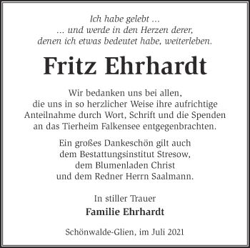 Traueranzeige von Fritz Ehrhardt von Märkische Oderzeitung